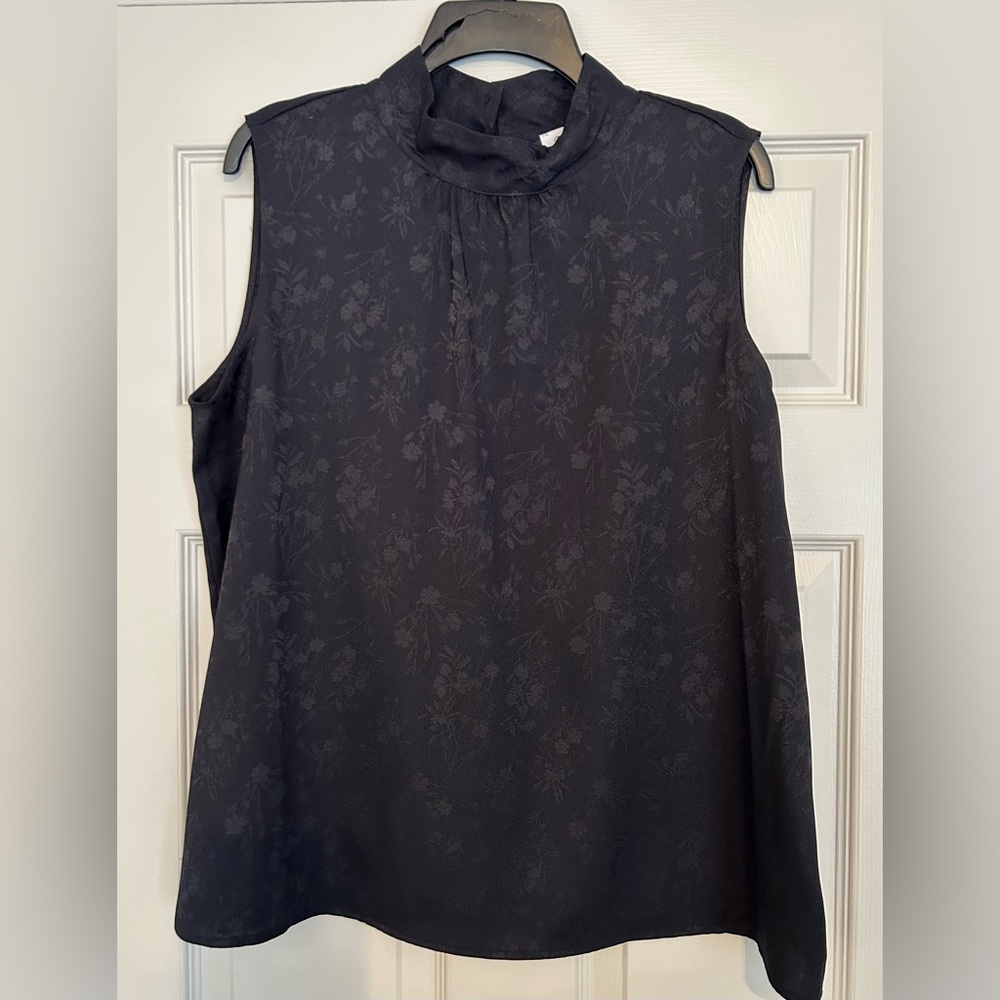 Calvin Klein Floral Mock Neck Sleeveless Top, Keyhole Back, XL, Black